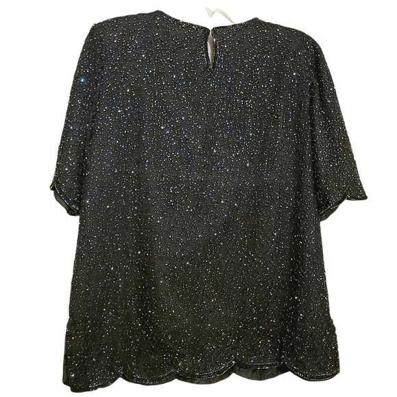 VINTAGE | Women's Black 100% Silk Sequin Short Sleeve Blouse (Size Medium) - Picture 16 of 16